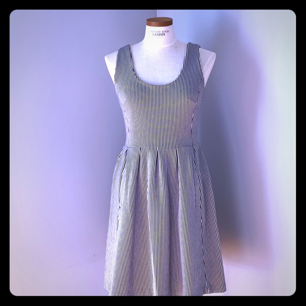 Navy and White Striped A-line Dress with Pockets